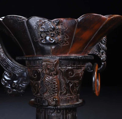 Yongzheng Signed Old Chinese Cow Statue Cup w/dragon N4205