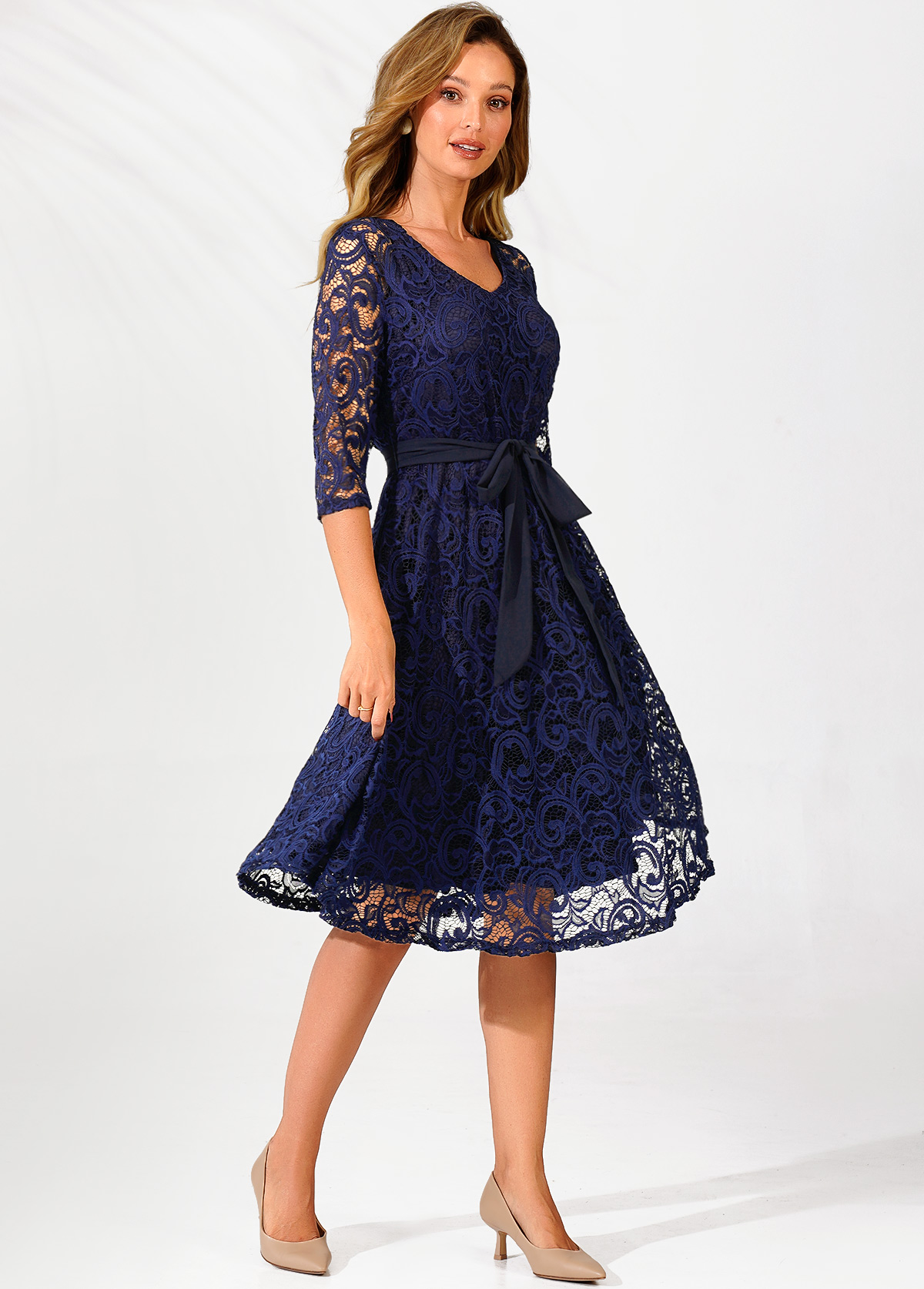 Navy Blue Belted Lace 3/4 Sleeve Dress