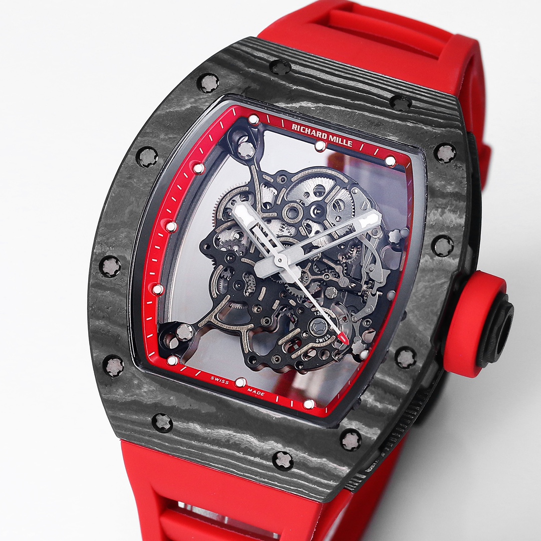 【7A Quality】Richard Miller RM 055 NTPT Carbon Fiber Red Rubber Strap