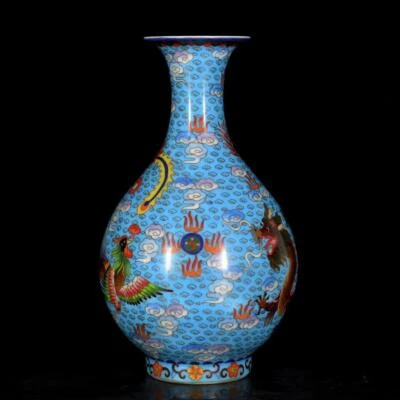 38CM Qianlong Signed Old Chinese Cloisonne Enamel Vase W/dragon N3456
