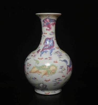 39CM Yongzheng Signed Antique Chinese Famille Rose Vase W/lion