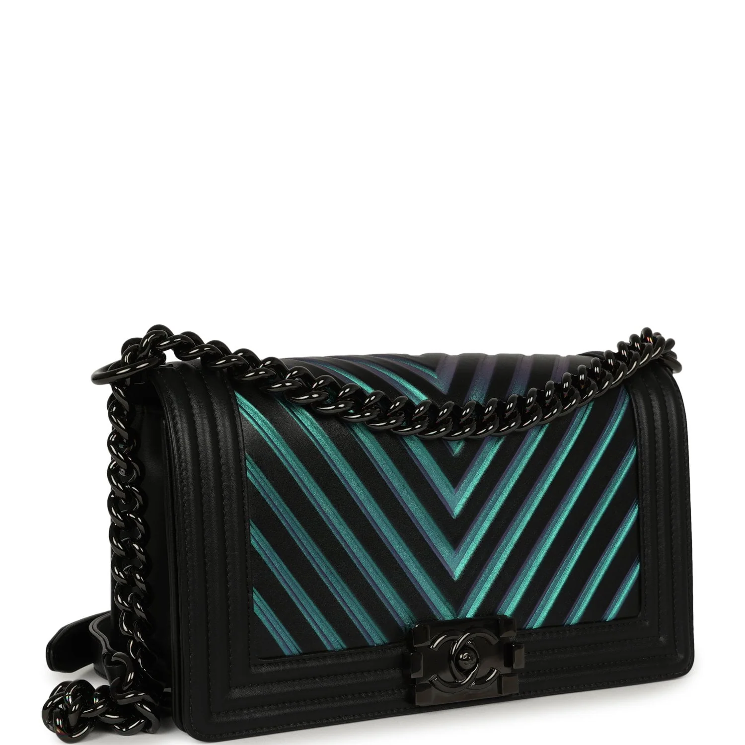 CHANEL Medium Iridescent Chevron Boy Bag Black, Multicolored Calfskin Black Hardware