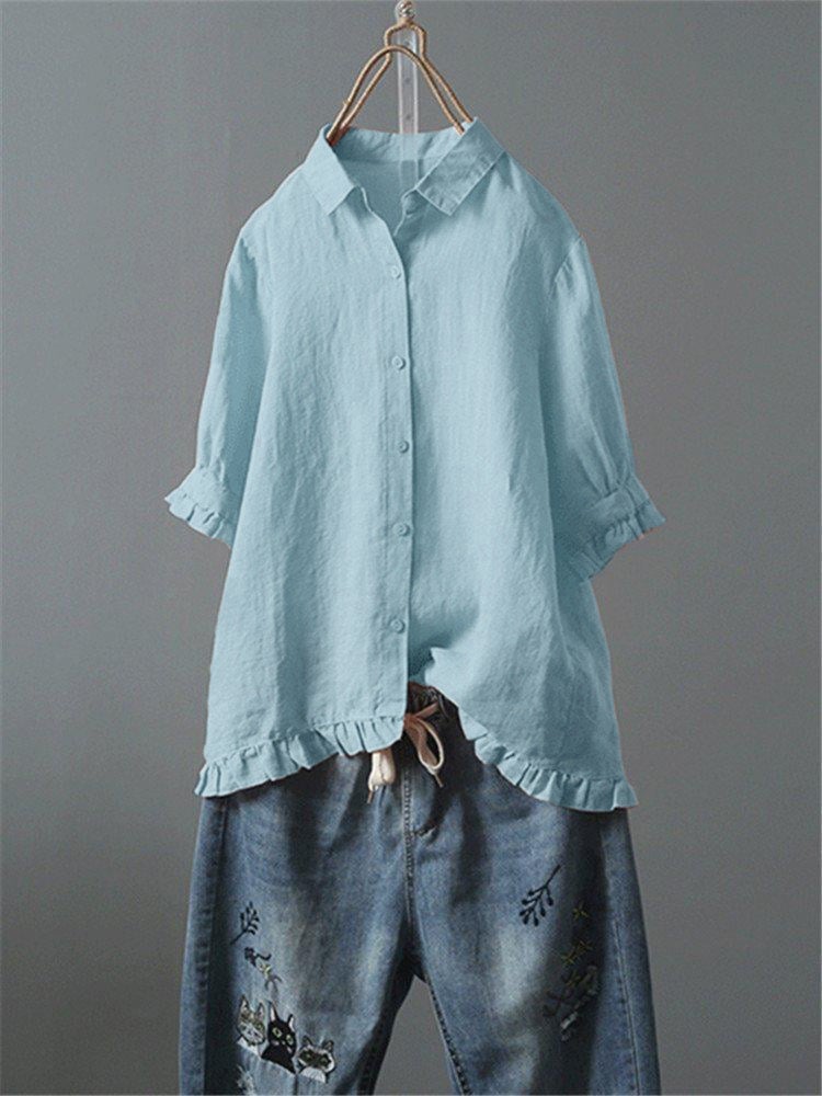 Solid Casual 3/4 Sleeve Turn-down Collar Casual Tops