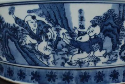 35CM Kangxi Signed Chinese Blue & White Porcelain Brush Washer w/kids