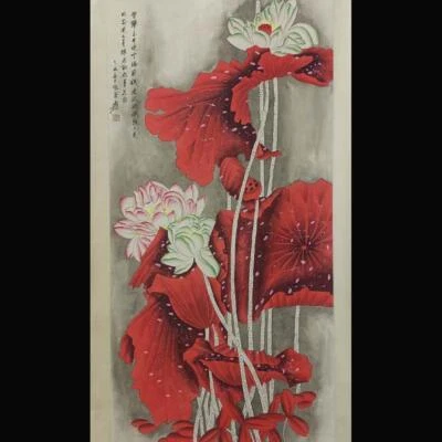 Zhang Daqian Signed Chinese Hand Painted Calligraphy Scroll w/louts flower N1887