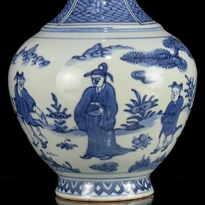 Signed Old Chinese Blue and White Vase W/figure N1197