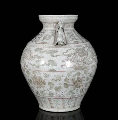 39CM Old Chinese Green Red Color Pot Jar W/phoenix N3138