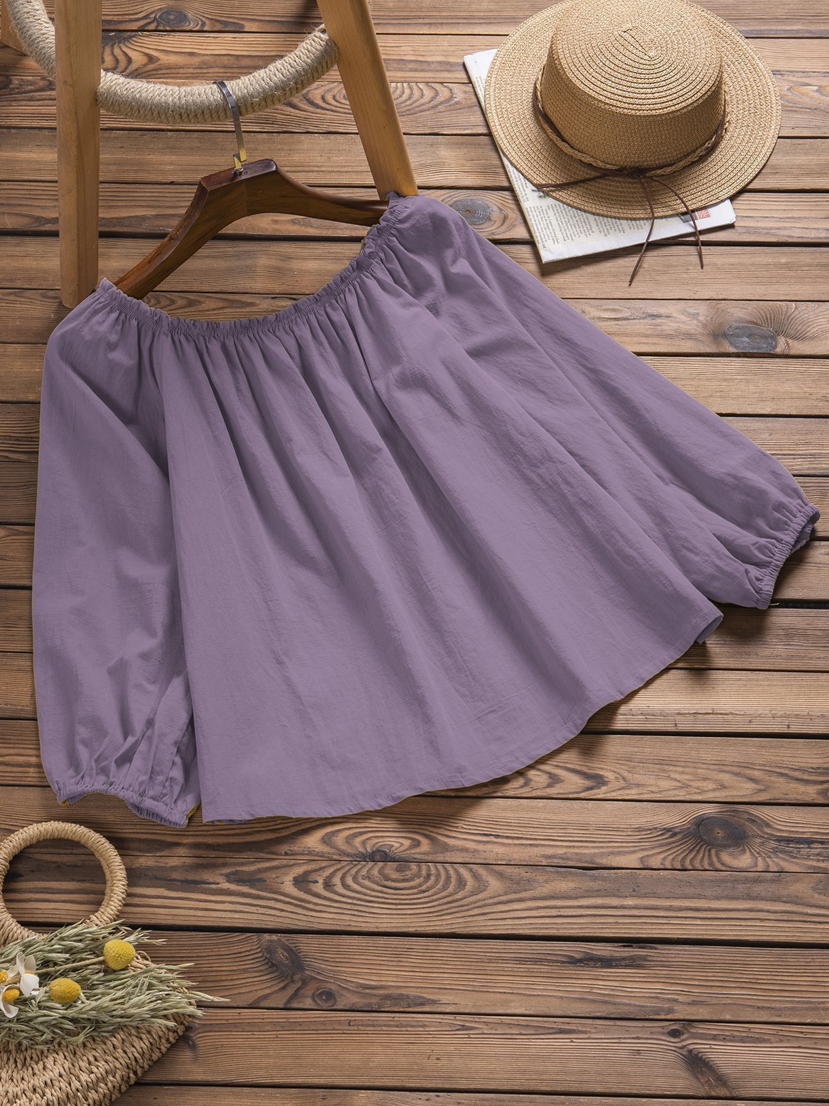 Casual Off Shoulder Long Sleeve Solid Shirts & Tops