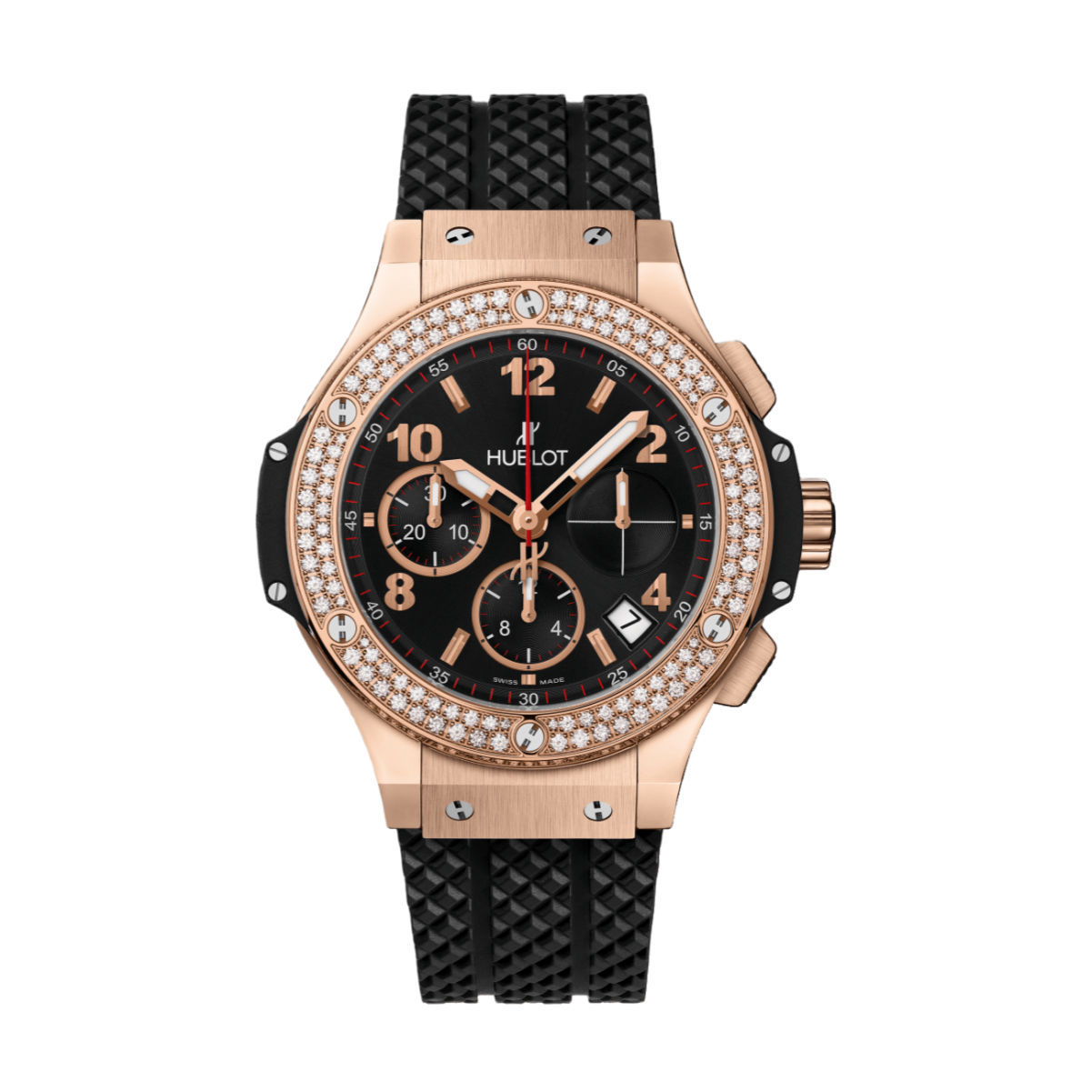 Hublot Big Bang 41mm Watch 341.PX.130.RX.114 Black Dial & Diamond Bezel in 18K Rose Gold Case, Black Structured Rubber Strap