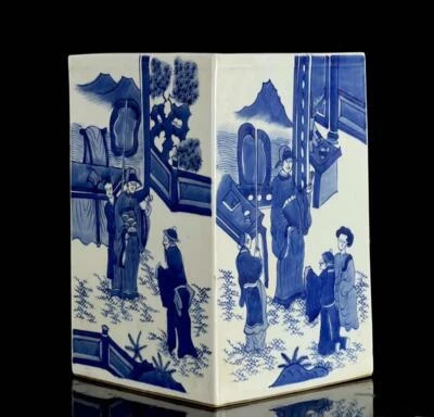 Kangxi Signed Old Chinese Blue and White Brush Pot W/figure N33