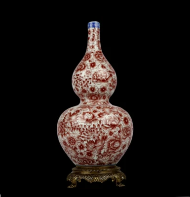 32CM Qianlong Signed Old Chinese Blue&White Underglaze Red Vase w/flower N3929