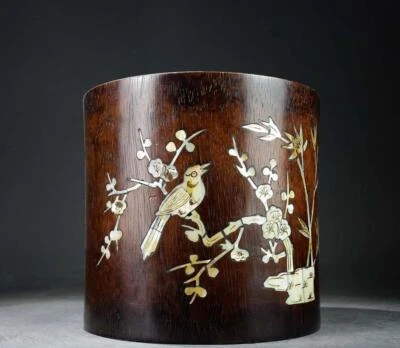 Old Chinese Wood Brush Pot w/bird N191