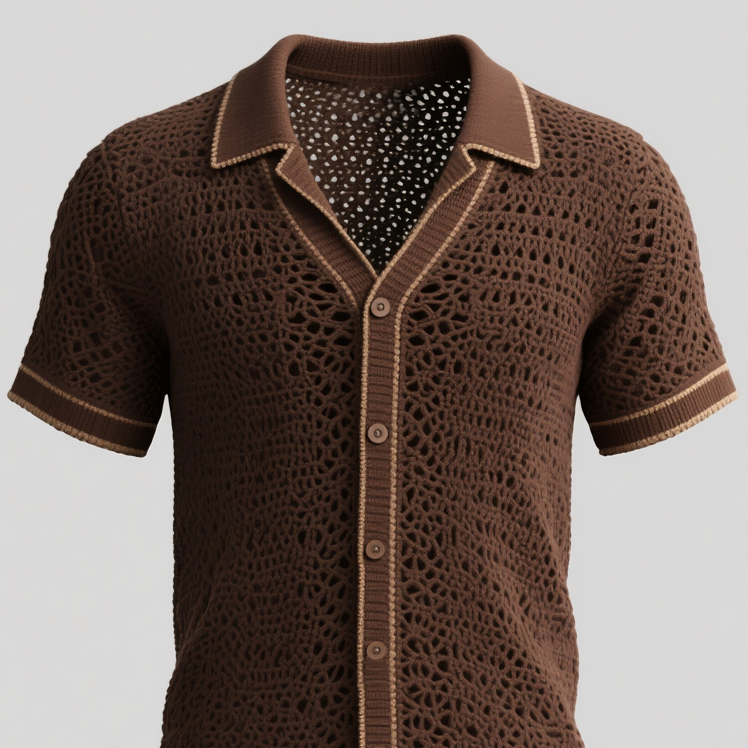 Men's Crochet Knit Hollow Out Stripe Button Short Sleeve Shirt
