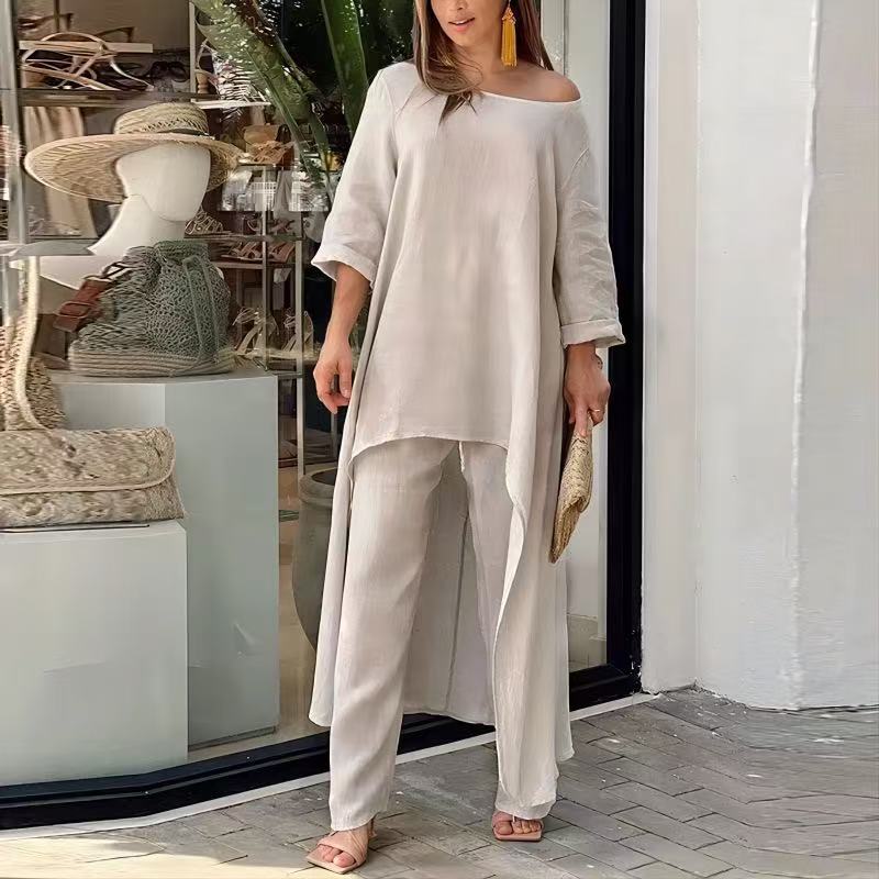 2 Piece Cotton Set for Women Long Sleeve Irregular Pullover Linen Shirt Fall Casual Wide Leg Pants Sui
