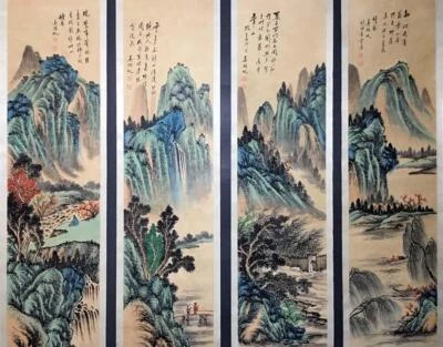 Four Wu Hufan Signed Chinese Hand Painted Calligraphy Scroll w/landscape N2053