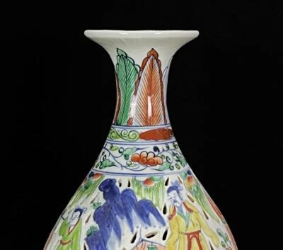 34CM Old Chinese Wucai Porcelain Vase w/figure N749