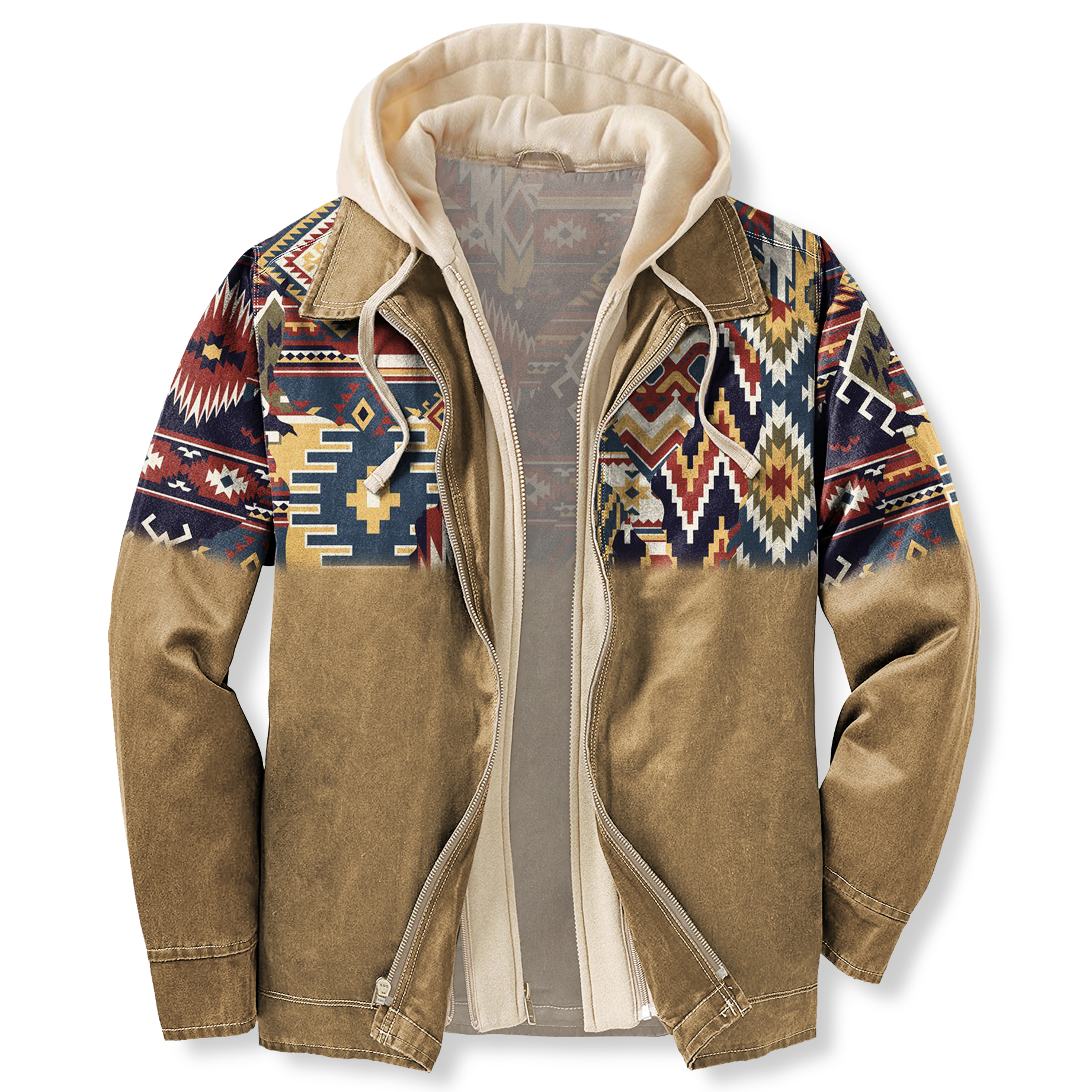 Men's Autumn & Winter Outdoor Casual Retro Ethnic Style Colorblock Print Hooded Jacket