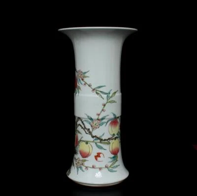 38CM Yongzheng Signed Old Chinese Famille Rose Gu Vase W/peach