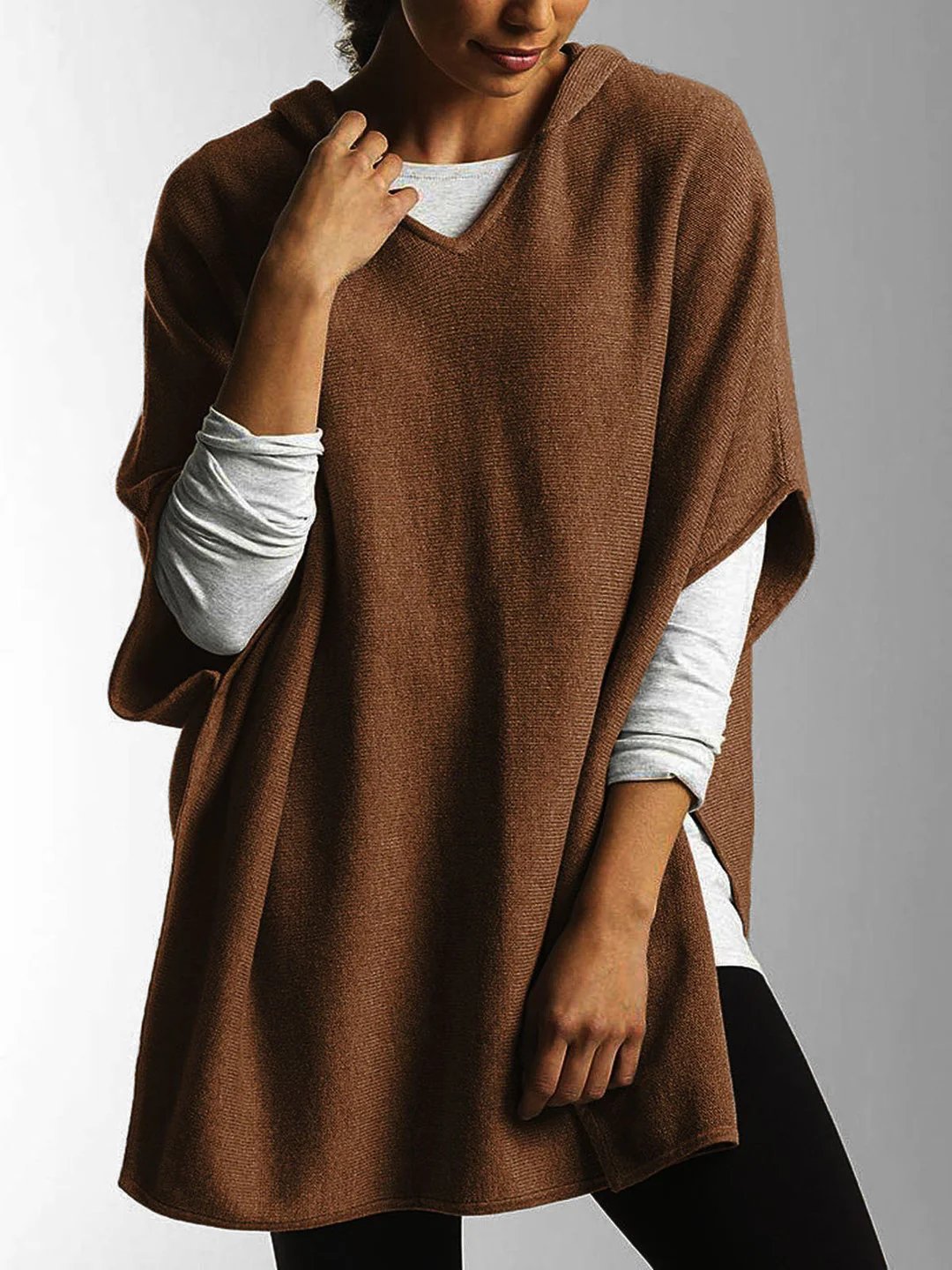 V Tie Hood Half Sleeve Side Slit Cropped Sweater