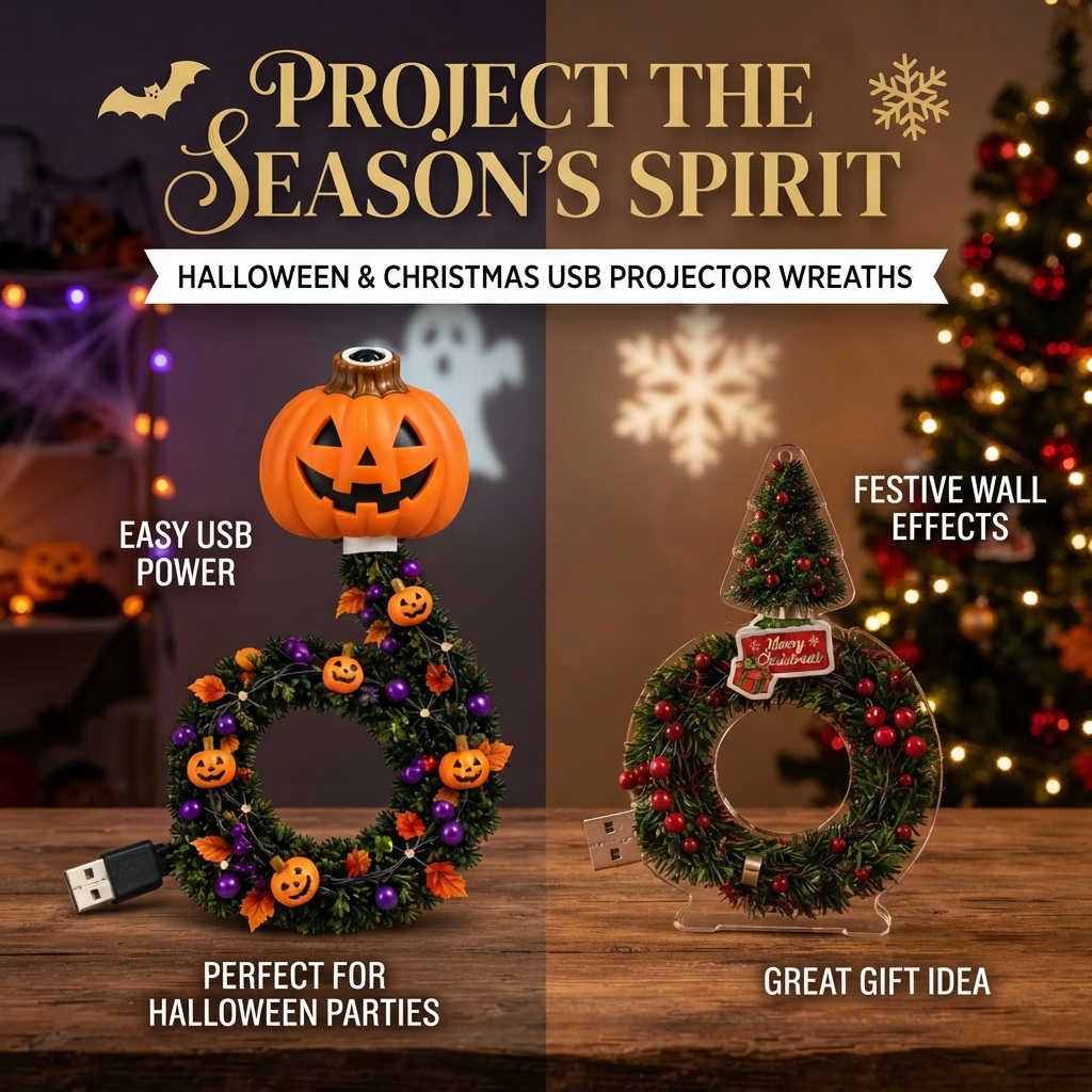 Halloween and Christmas USB projector wreath styles shown together
