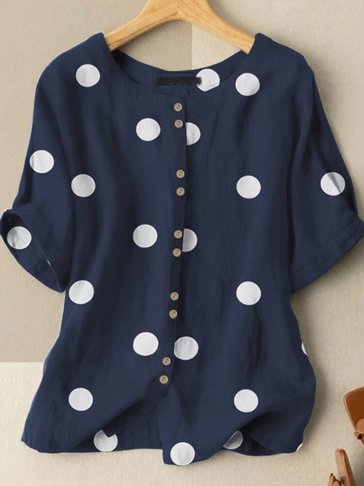 Dot Print Button Front Crew Neck Half Sleeve Blouse