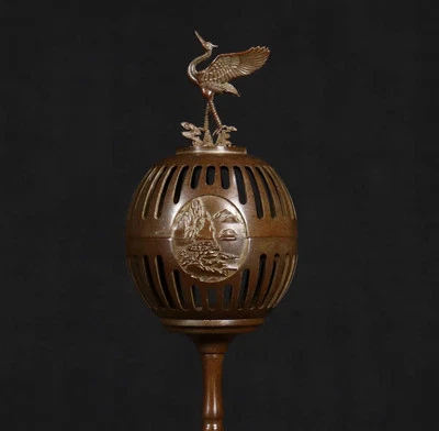 28CM Old Chinese Copper Incense Burner w/crane N4166