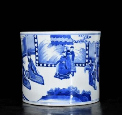 Kangxi Signed Old Chinese Blue and White Brush Pot W/figure N3561