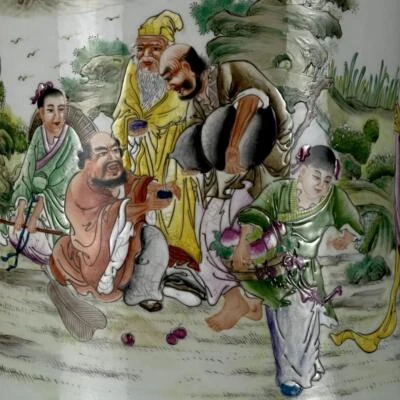 Wang Qi Signed Old Chinese Famille Rose Brush Pot W/figure N1100