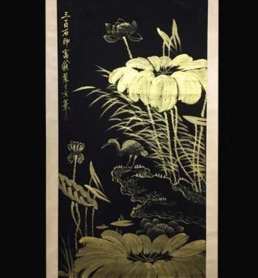 Qi Baishi Signed Chinese Hand Painted Calligraphy Scroll w/louts flower N2708