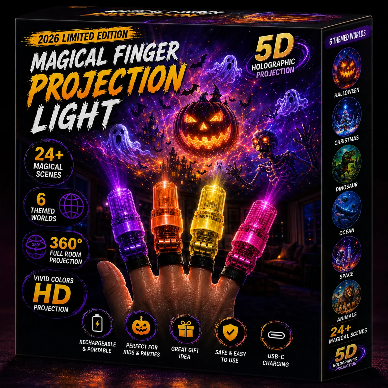 🎃2026 Magic Finger Projection Light-Halloween Limited Edition👻 Create 24+ Immersive Scenes Across 6 Themed Worlds