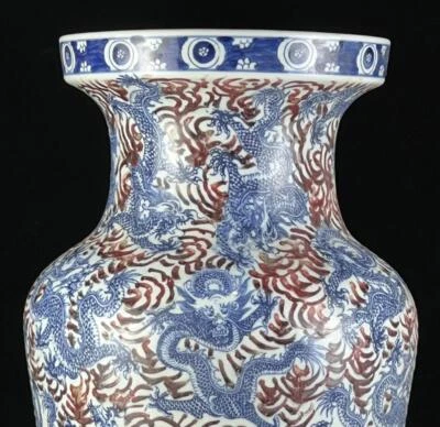 44CM Yongzheng Signed Old Chinese Blue & White Porcelain Vase w/ dragon CK537