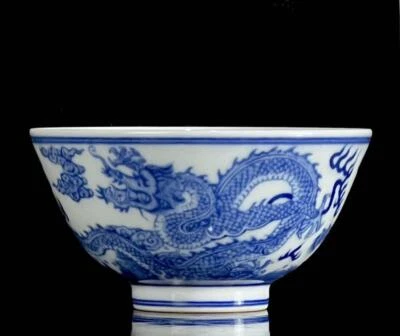 Pair Yongzheng Signed Old Chinese Blue & White Porcelain Cups w/ dragon N30