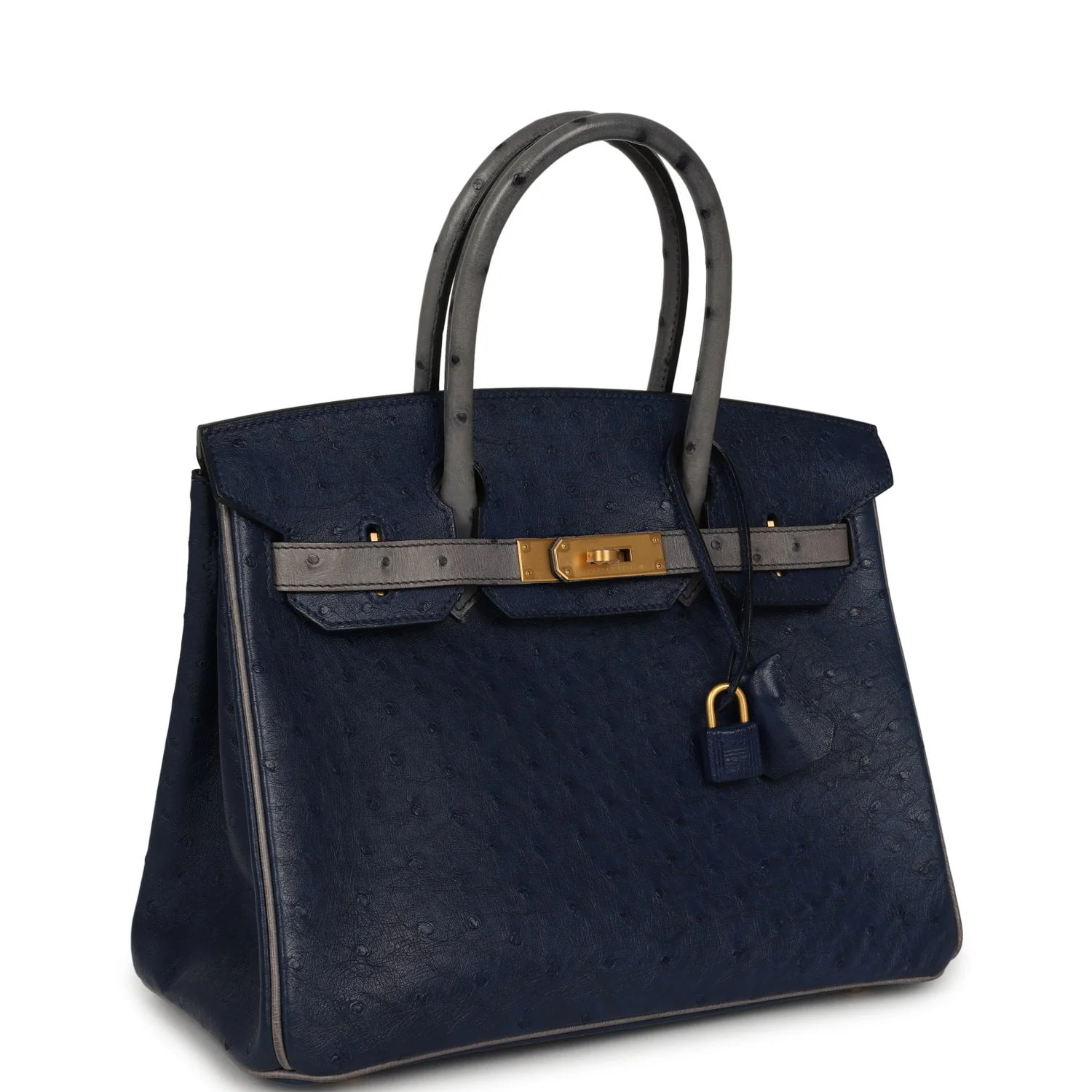 HERMÈS Special Order (HSS) Birkin 30 Bleu Iris, Gris Agate Ostrich Brushed Gold Hardware