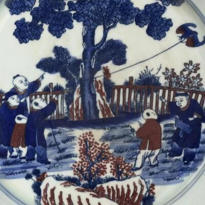 43CM Kangxi Signed Old Chinese Blue & White Porcelain Plate Dish w/figure Q181