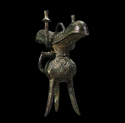 27CM Old Chinese Bronze Statue Wine Cup w/pattern N4336