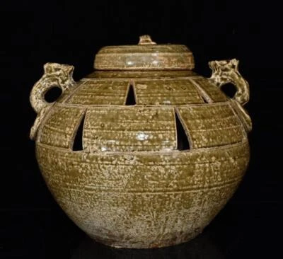 Old Chinese Yue Yao Yue Kiln Lid Pot Jar w/ear N390