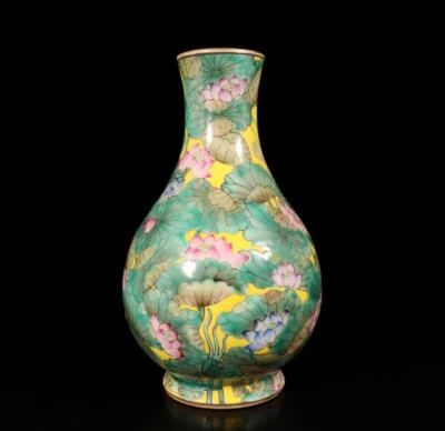 Pair Yongzheng Signed Old Chinese Famille Rose Vase W/louts flower N1385