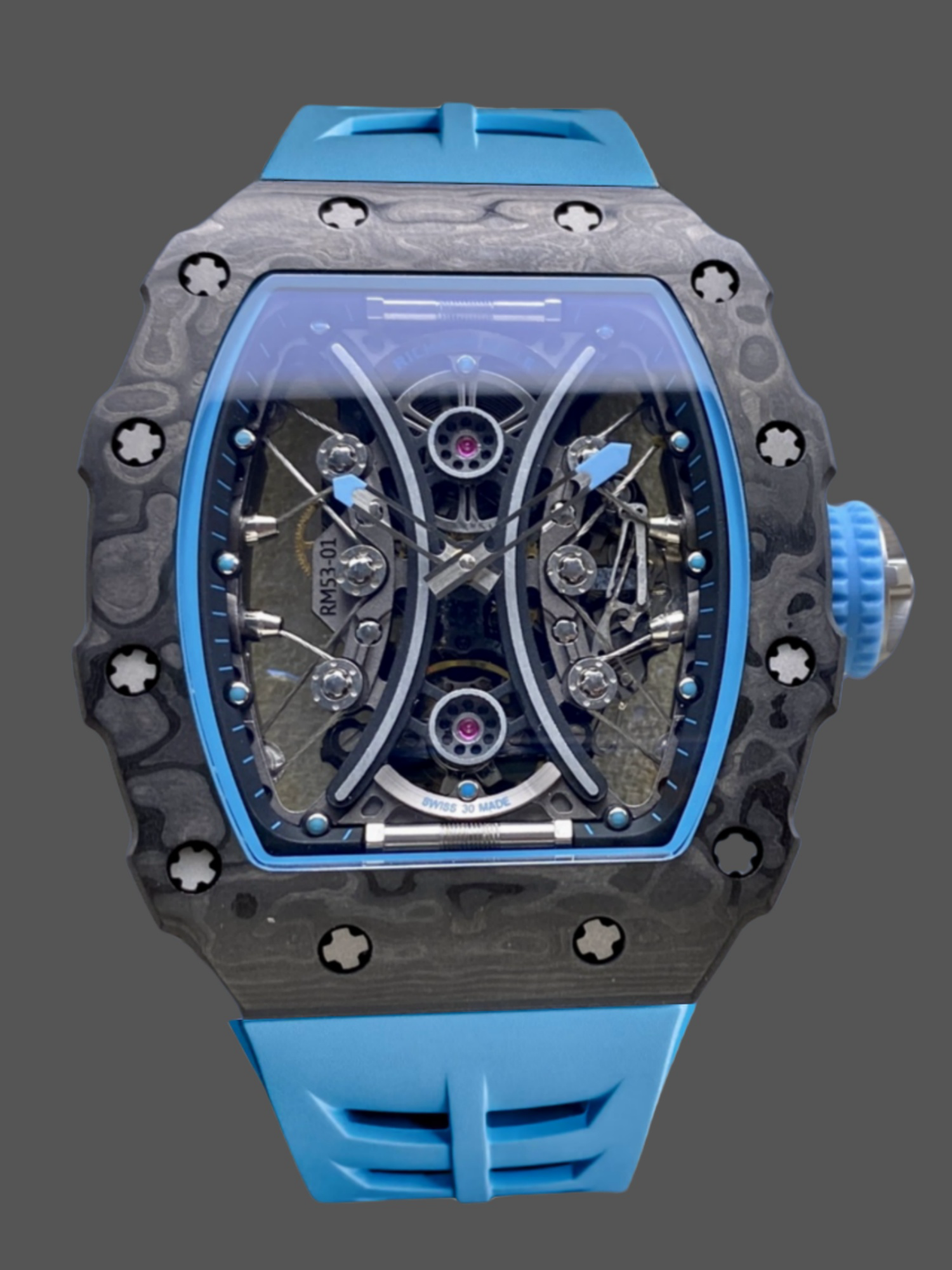 【7A Quality】Richard Mille RM 53-01 Tourbillon Pablo Mac Donough Blue Rubber Strap