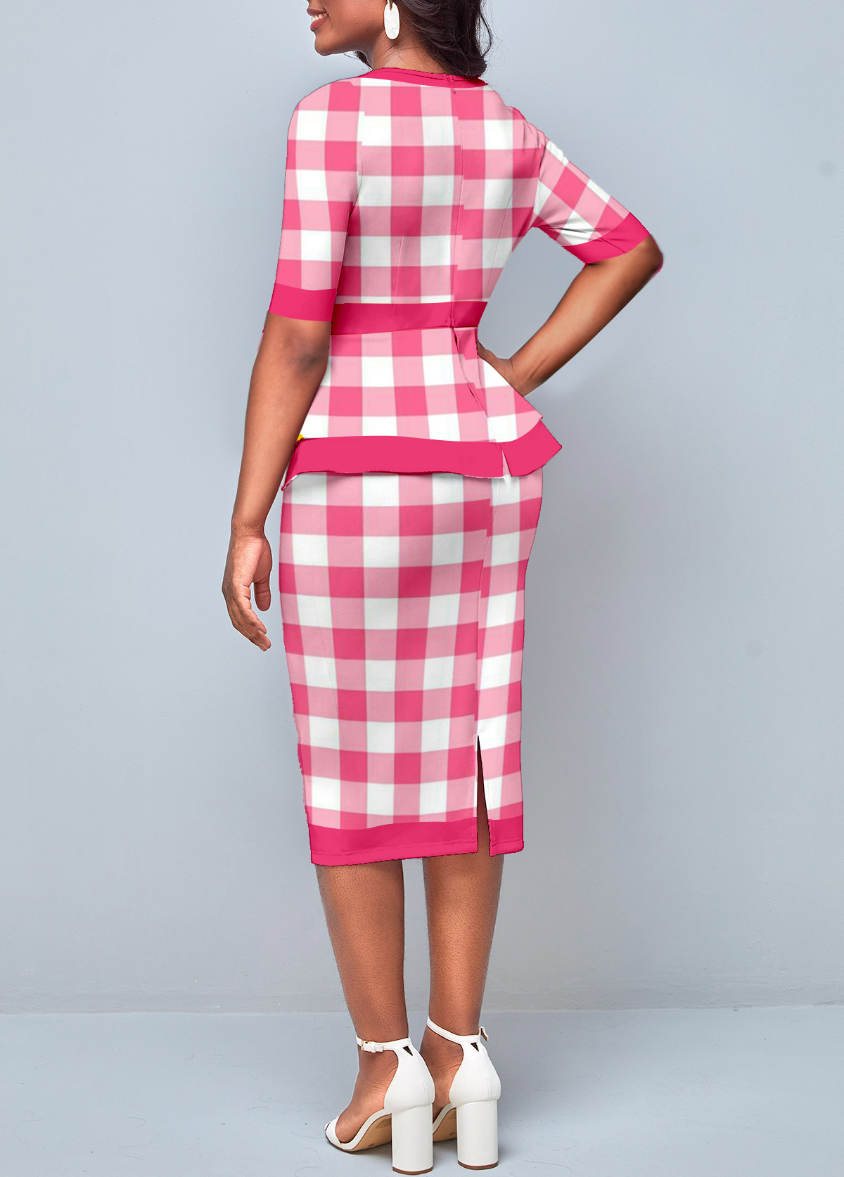 Pink Plaid Round Neck Bodycon Dress