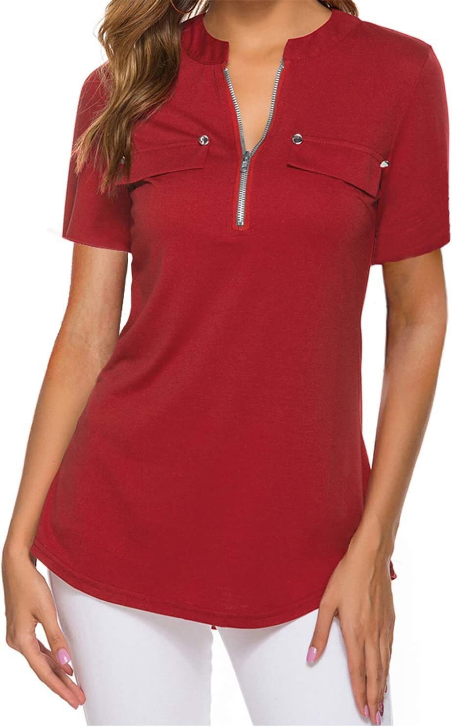 Damen Kurzarm Zip Quaste Long Shirt Business Casual Arbeit Büro Shirt