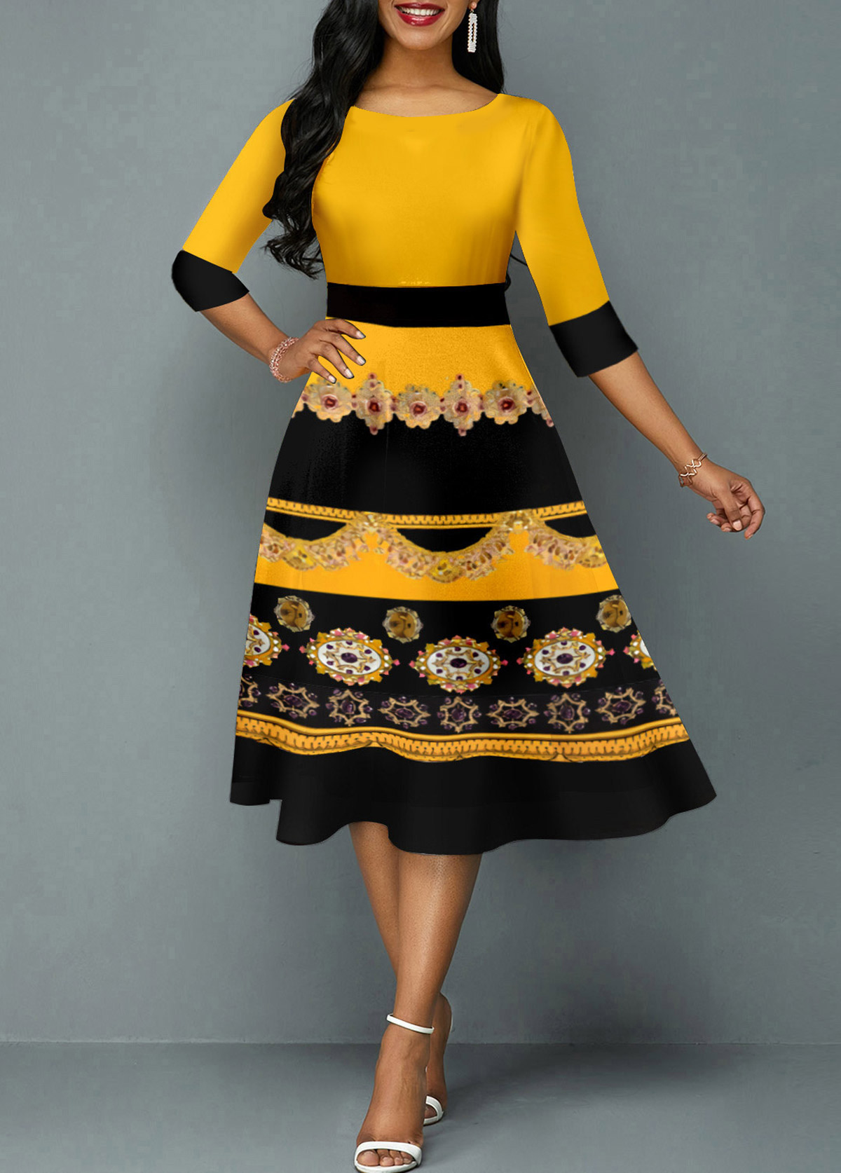 Tribal Print Yellow 3/4 Sleeve Round Neck Dress