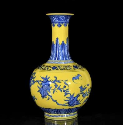 39CM Qianlong Signed Chinese Blue&White Yellow Glaze Vase W/pomegranate N3510