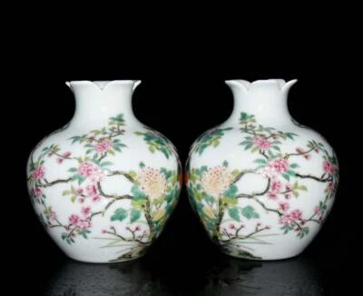 Yongzheng Signed Pair Old Chinese Famille Rose Zun Vase W/bird N3059