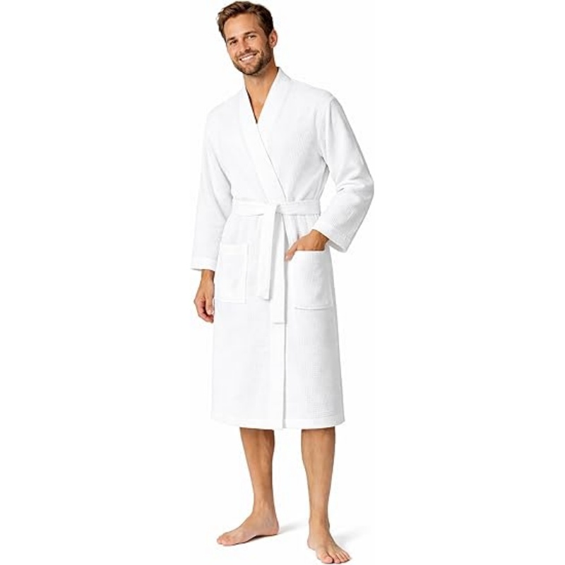 Turkish Linen Men's Waffle Bathrobe Lightweight Kimono Spa Robe
