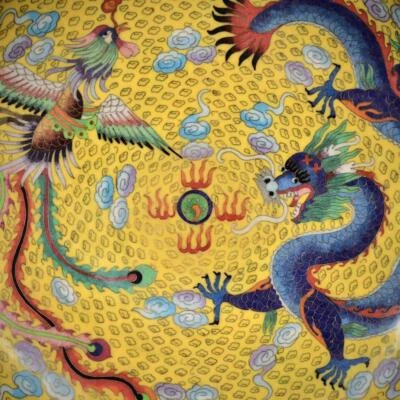 44CM Chenghua Signed Old Chinese Cloisonne Enamel Porcelain Dish w/dragon N3158