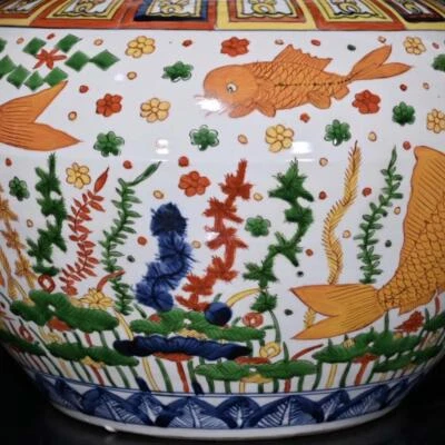 39CM Jiajing Signed Old Chinese Wucai Lid Pot Jar W/fish N357