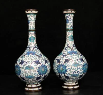 27CM Qianlong Signed Pair Old Chinese Cloisonne Enamel Bronze Vase N2680