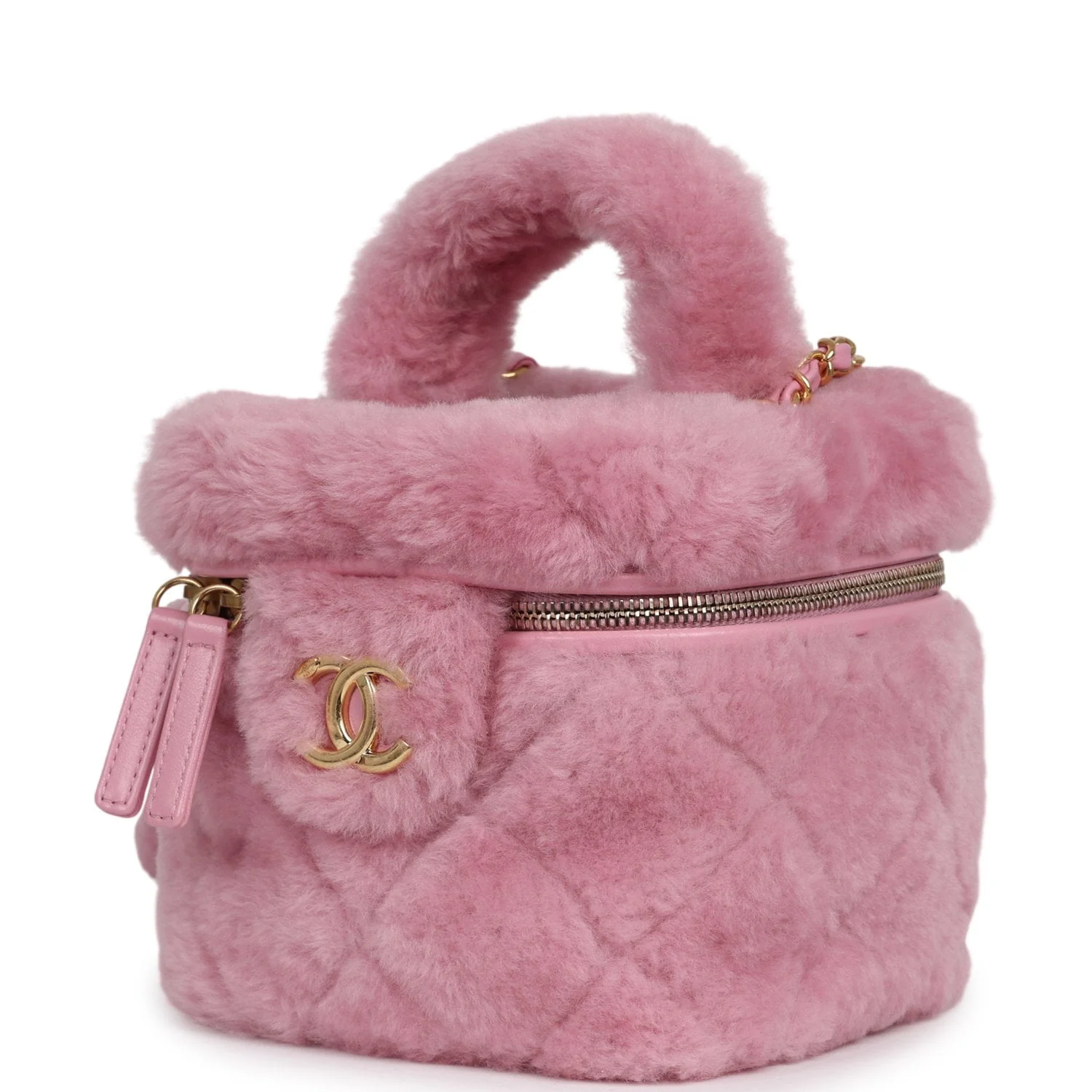 Chanel Small Top Handle Square Vanity Case With Chain Pink Shearling Lambskin Gold Hardware