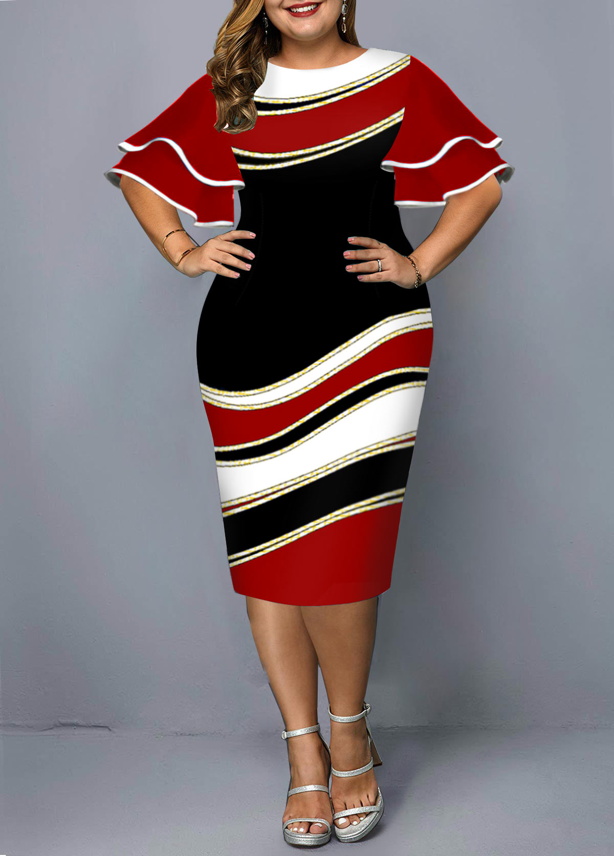Round Neck Geometric Print Ruffle Sleeve Dress