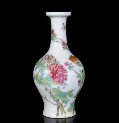 Yongzheng Signed Pair Old Chinese Colour Enamel Vase W/flower N3669